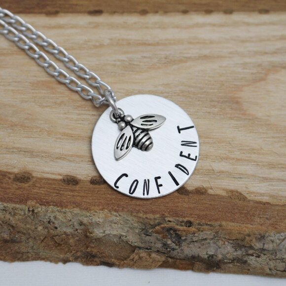 Bee Confident Hand Stamped Pendant Necklace - Handmade - 18" Chain - Picture 2 of 6